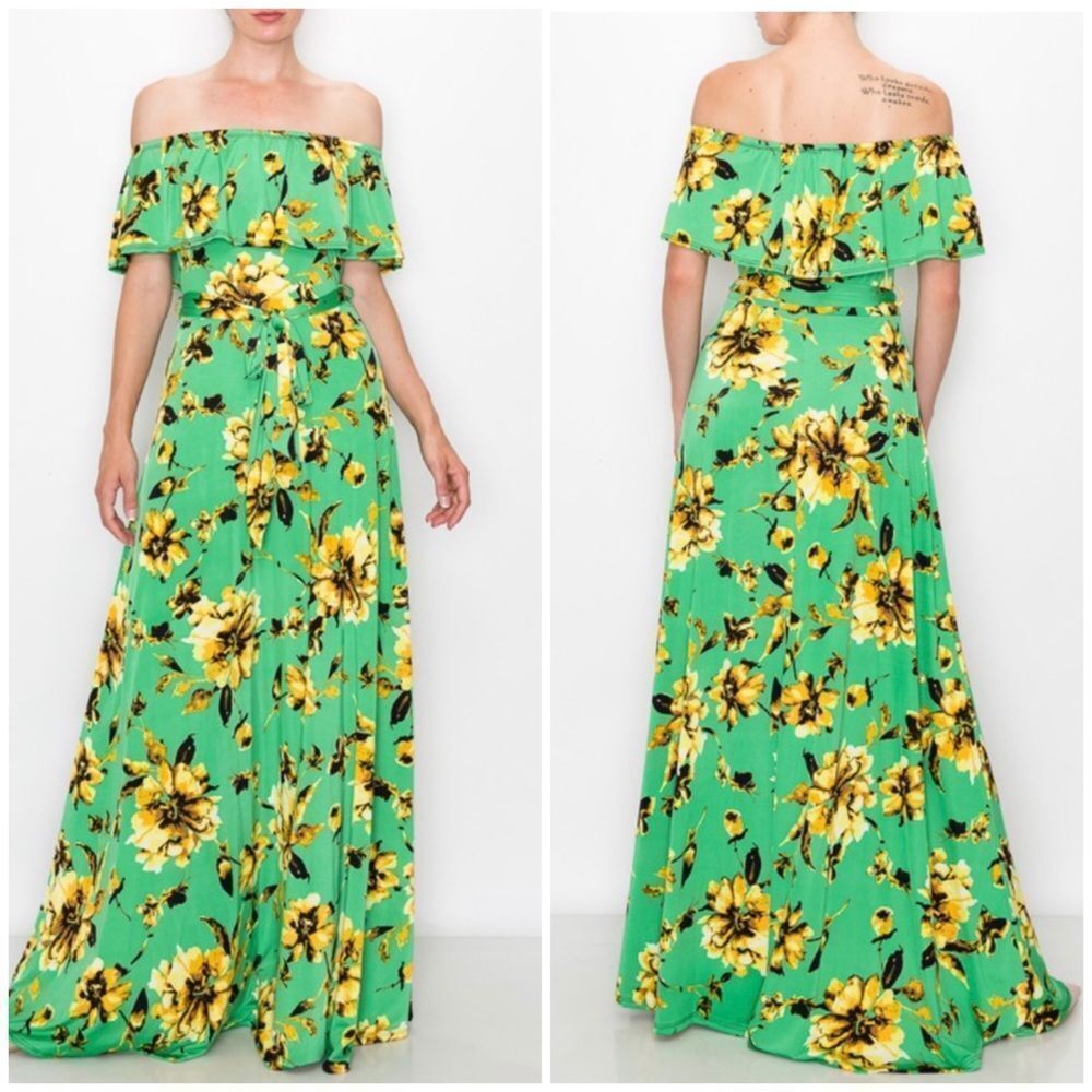 Green & Sunflower Off Shoulder Maxi Dress